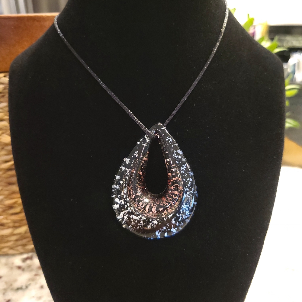 Black and Silver Glass Teardrop Pendant Necklace